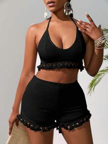 VaVaBold Solid Halter Top & Tassel Trim Shorts - Black - View 1