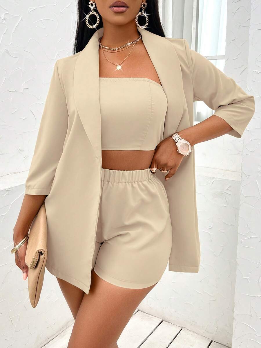 SOLERSUN 素色抹胸上衣&短褲&青果領開門襟外套 - 杏色 - 查看 1