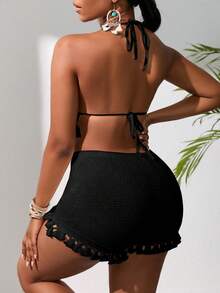 VaVaBold Solid Halter Top & Tassel Trim Shorts - Black - View 2