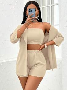 SOLERSUN 素色抹胸上衣&短褲&青果領開門襟外套 - 杏色 - 查看 3