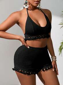 VaVaBold Solid Halter Top & Tassel Trim Shorts - Black - View 4