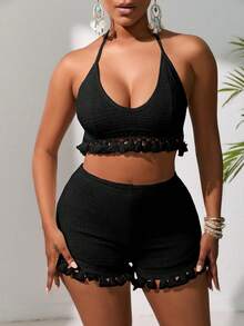 VaVaBold Solid Halter Top & Tassel Trim Shorts - Black - View 5