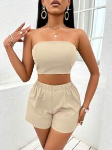 SOLERSUN 素色抹胸上衣&短褲&青果領開門襟外套 - 杏色 - 查看 4