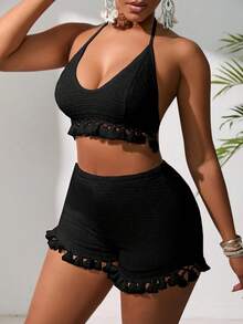 VaVaBold Solid Halter Top & Tassel Trim Shorts - Black - View 6