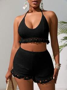 VaVaBold Solid Halter Top & Tassel Trim Shorts - Black - View 7