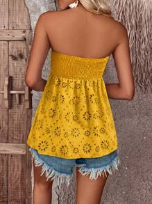 SHEIN LUNE 素色網眼刺繡褶邊抹胸上衣 - 黃色 - 查看 2