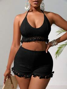 VaVaBold Solid Halter Top & Tassel Trim Shorts - Black - View 8