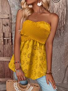 SHEIN LUNE 素色網眼刺繡褶邊抹胸上衣 - 黃色 - 查看 6