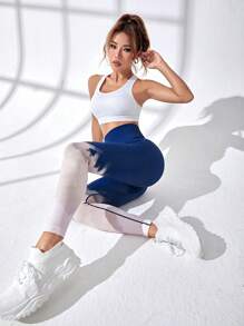 紮染寬腰帶運動打底褲 - 藍白色 - 查看 1