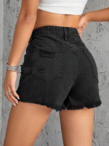 Ripped Raw Hem Denim Shorts - Dark Grey - View 3