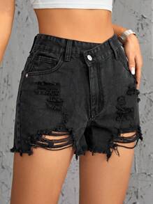 Ripped Raw Hem Denim Shorts - Dark Grey - View 4