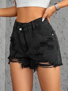 Ripped Raw Hem Denim Shorts - Dark Grey - View 5