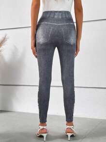 SHEIN Clasi Denim-Effect and Floral Print Leggings - Grey - View 2