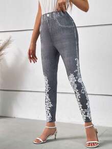 SHEIN Clasi Denim-Effect and Floral Print Leggings - Grey - View 4