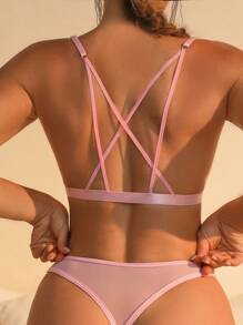 SHEIN Pink Lace Geometric Pattern Criss Cross Sheer Spaghetti Strap Sexy Lingerie Set