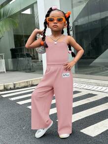 SHEIN 女小童1入組吊帶上衣&1入組字母貼布闊腿褲 - 淺粉色 - 查看 1