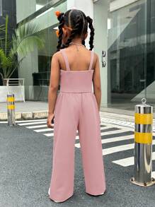 SHEIN 女小童1入組吊帶上衣&1入組字母貼布闊腿褲 - 淺粉色 - 查看 2