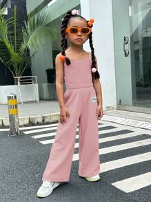 SHEIN 女小童1入組吊帶上衣&1入組字母貼布闊腿褲 - 淺粉色 - 查看 3