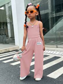 SHEIN 女小童1入組吊帶上衣&1入組字母貼布闊腿褲 - 淺粉色 - 查看 5