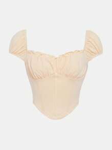 SHEIN 青少年女孩胸部褶皺褶邊頭巾下擺短款T恤 - 杏色 - 查看 1