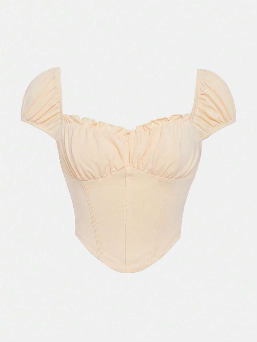 SHEIN 青少年女孩胸部褶皺褶邊頭巾下擺短款T恤 - 杏色 - 查看 1