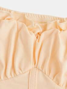 SHEIN 青少年女孩胸部褶皺褶邊頭巾下擺短款T恤 - 杏色 - 查看 4