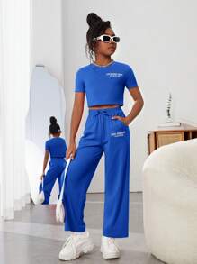 SHEIN Cô gái Tween Đồ họa Khẩu hiệu Áo phông Crop & Eo dây rút Quần - Xanh đậm - Xem 1
