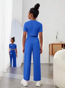 SHEIN Cô gái Tween Đồ họa Khẩu hiệu Áo phông Crop & Eo dây rút Quần - Xanh đậm - Xem 2