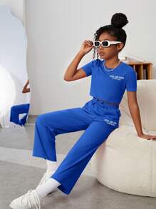 SHEIN Cô gái Tween Đồ họa Khẩu hiệu Áo phông Crop & Eo dây rút Quần - Xanh đậm - Xem 3