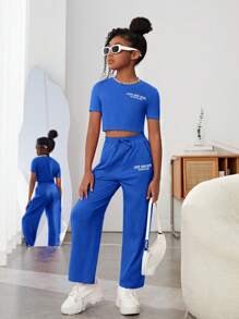 SHEIN Cô gái Tween Đồ họa Khẩu hiệu Áo phông Crop & Eo dây rút Quần - Xanh đậm - Xem 4