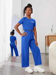 SHEIN Cô gái Tween Đồ họa Khẩu hiệu Áo phông Crop & Eo dây rút Quần - Xanh đậm - Xem 5