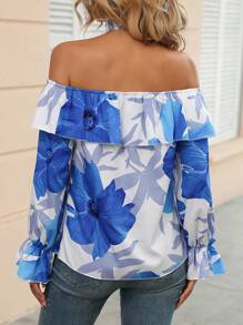 SHEIN Clasi Blouse Imprimé Floral Col Bardot À Volants Manches Évasées Avec Ras-Du-Cou - Multicolore - Voir 2