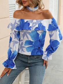 SHEIN Clasi Blouse Imprimé Floral Col Bardot À Volants Manches Évasées Avec Ras-Du-Cou - Multicolore - Voir 4