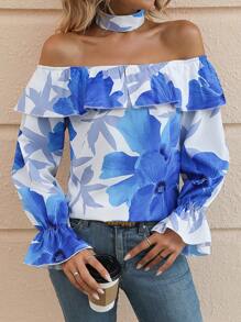 SHEIN Clasi Blouse Imprimé Floral Col Bardot À Volants Manches Évasées Avec Ras-Du-Cou - Multicolore - Voir 6