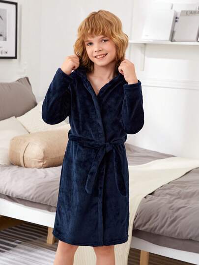 Tween Boy Solid Belted Hooded Flannel Robe