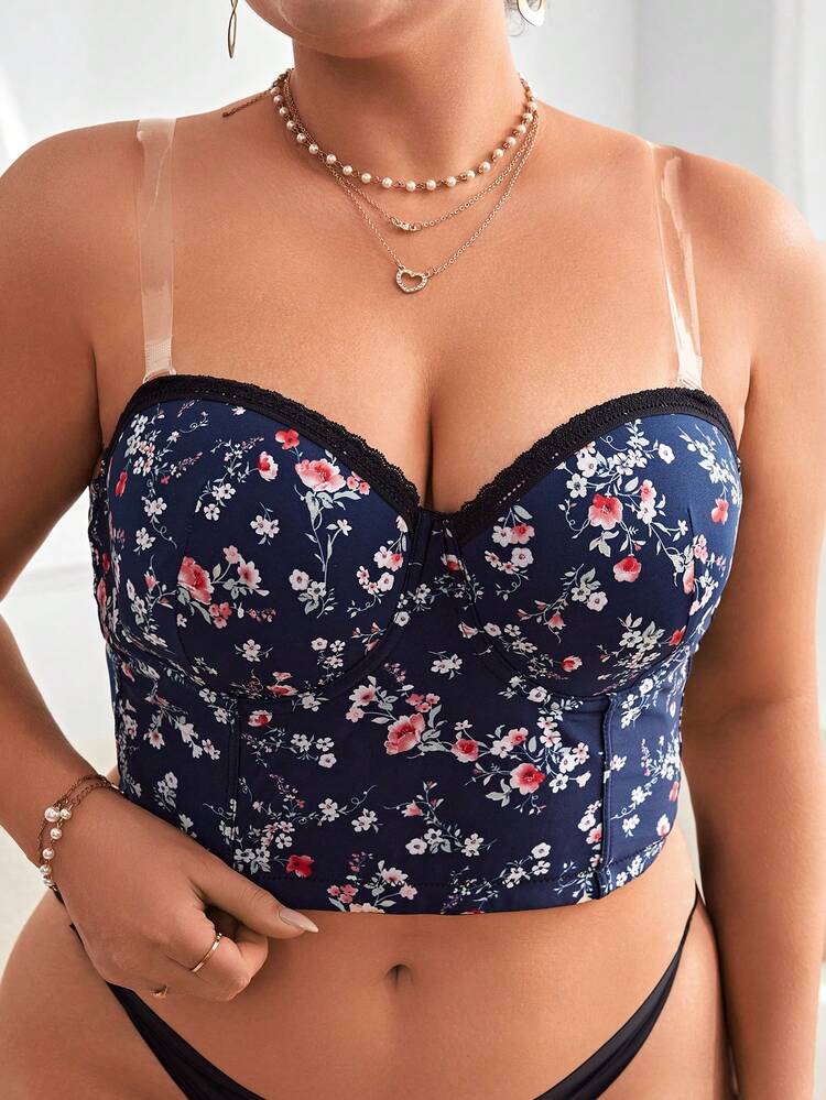 Talla grande Sujetador con estampado floral ribete con encaje con aro - Multicolor - Añade 1