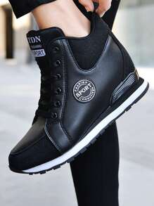 秋冬女士坡跟厚底轻便增高运动鞋，女式运动鞋 - 黑色 - 查看 6