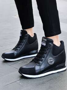 秋冬女士坡跟厚底轻便增高运动鞋，女式运动鞋 - 黑色 - 查看 7