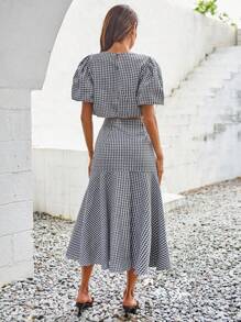 SHEIN Privé Gingham Print Puff Sleeve Crop Blouse & Mermaid Hem Skirt - Multicolor - View 2