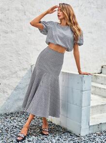 SHEIN Privé Gingham Print Puff Sleeve Crop Blouse & Mermaid Hem Skirt - Multicolor - View 3