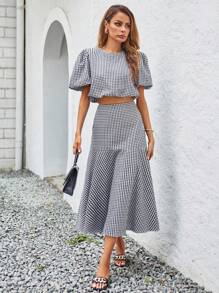 SHEIN Privé Gingham Print Puff Sleeve Crop Blouse & Mermaid Hem Skirt - Multicolor - View 1