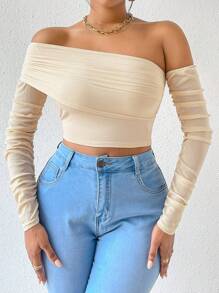 SHEIN Privé 不對稱領褶邊短款上衣 - 杏色 - 查看 1