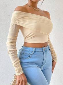 SHEIN Privé 不對稱領褶邊短款上衣 - 杏色 - 查看 3