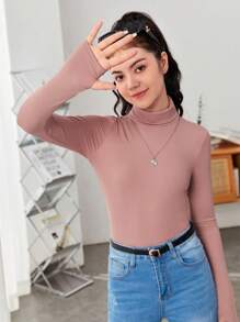 SHEIN Leap Crew 少女纯色休闲高领长袖 T 恤 - 藕粉色 - 查看 1