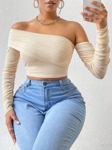 SHEIN Privé 不對稱領褶邊短款上衣 - 杏色 - 查看 7