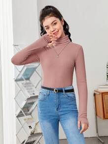 SHEIN Leap Crew 少女纯色休闲高领长袖 T 恤 - 藕粉色 - 查看 3