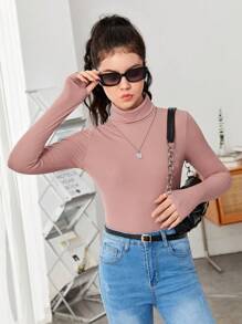 SHEIN Leap Crew 少女纯色休闲高领长袖 T 恤 - 藕粉色 - 查看 5