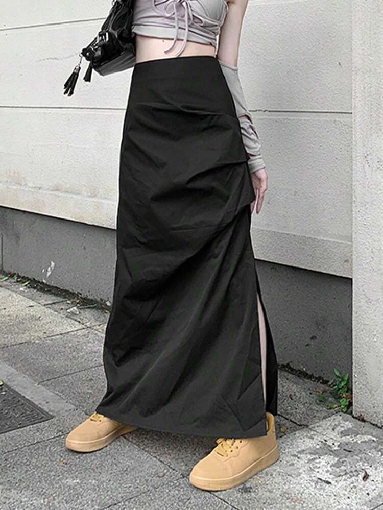 夏 カジュアル 無地 プリーツ サイドスリット マキシスカート - ブラック - 見る 5