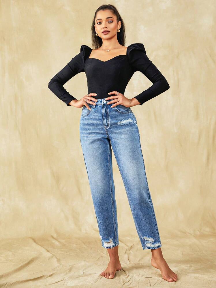 SHEIN Frenchy Jeans de ajuste mom desgarro bajo crudo - Azul lavado medio - Añade 5