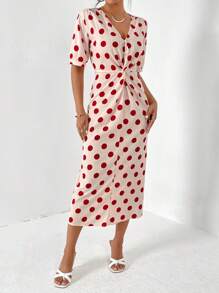 SHEIN Privé 波點圖案前扭結洋裝 - 紅白色 - 查看 1